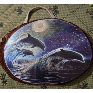 Ocean Waves With Dolphin Trio Under Full Moon Metallic Art on Wood Log Slice
